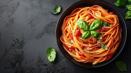 Poster - Pasta spaghetti with tomato sauce in black bowl on grey background Copy space Top view : Generative AI