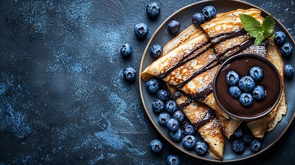 Poster - Crepes thin pancakes with chocolate sauce and fresh blueberries Grey background Copy space Top view : Generative AI