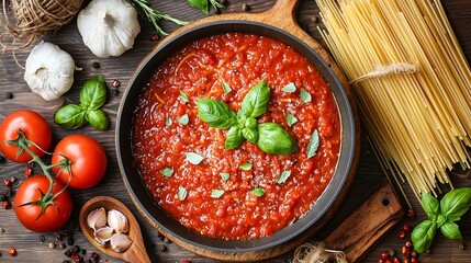 Poster - Traditional tomato sauce in saucepan with spaghetti pasta Grey background Top view : Generative AI