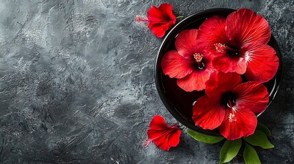 Aufkleber - Hibiscus flower tea in black bowl on grey stone background Copy space Top view : Generative AI
