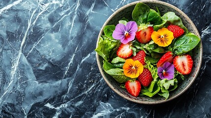 Poster - Fresh green salad with strawberries and edible flowers in a bowl Marble background Top view : Generative AI