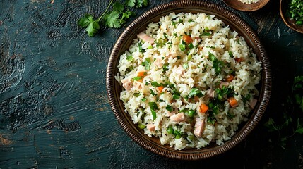Poster - Asian fried rice with ham Blue wooden background Close up Top view : Generative AI