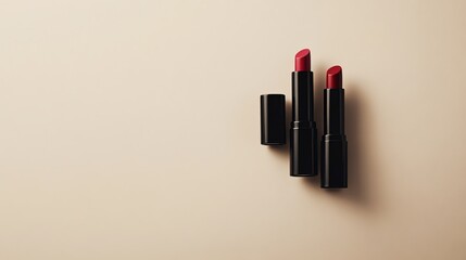 Two lipsticks in shades of red and pink on a beige background.