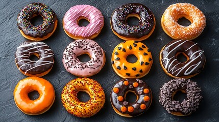 Poster - Donuts with Halloween decoration icing on black slate background Top view : Generative AI