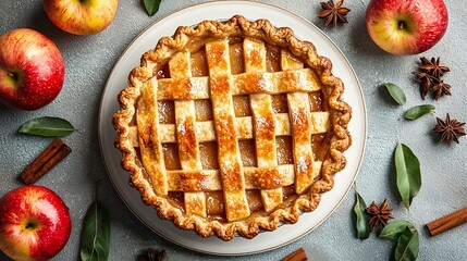 Poster - Apple pie on a white plate Grey background Top view : Generative AI