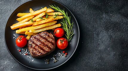Poster - Beef Steak medium rare with French fries on a black plate Grey background Close up Top view : Generative AI