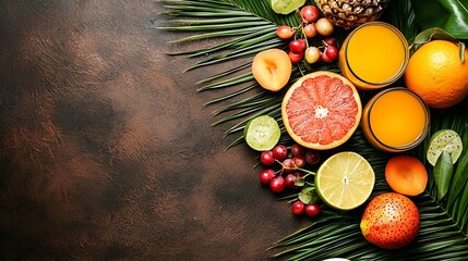 Poster - Tropical fruits assortment with fresh juice palm leaf background Copy space Close up : Generative AI