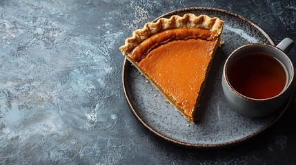 Poster - Pumpkin pie tart on a plate with cup of tea Dark background Copy space Top view : Generative AI