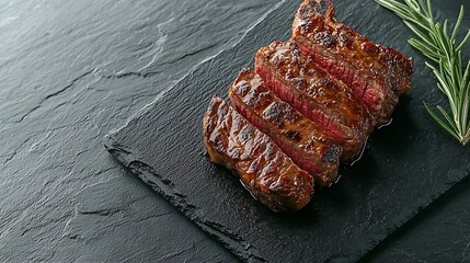 Poster - Grilled sliced beef steak on slate stone table Top view Copy space : Generative AI