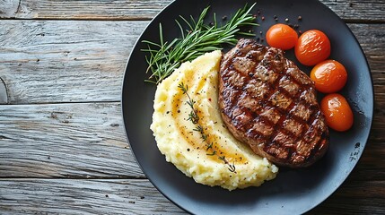 Poster - Beefsteak with mashed potato on a plate Grey wooden background Close up Top view : Generative AI