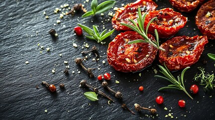 Aufkleber - Sun dried tomatoes with fresh herbs and spices Slate background Top view : Generative AI