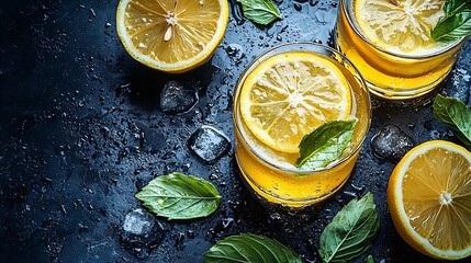 Poster - Lemon ice tea lemonade Grey background Copy space Top view : Generative AI