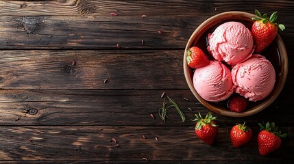 Aufkleber - Strawberry ice cream with balsamic vinegar and fennel seeds on a wooden background : Generative AI