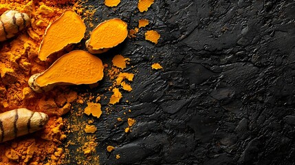 Poster - Fresh turmeric curcuma tumeric roots powder and dried slices Dark background Top view : Generative AI