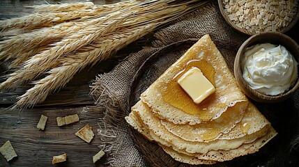 Poster - Thin crepes or pancakes with butter honey and sour cream on a rustic textile background Top view : Generative AI