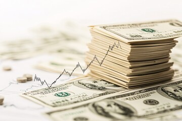 Stack of dollar bills with a declining interest rate chart, economic effects on savings