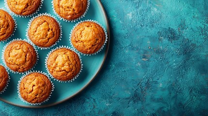 Poster - Healthy vegan carrot muffins with ricotta cheese on a plate Blue background Copy space Top view : Generative AI