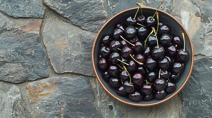 Poster - Fresh ripe black cherries invintage backing dish on a stone background Copy space Top view : Generative AI