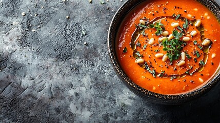 Poster - Tomato soup with fresh herbs and pine nuts in a bowl Grey stone background Close up : Generative AI
