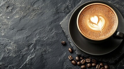 Poster - Cup of coffee on black slate background Close up : Generative AI