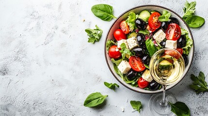 Poster - Greek salad Fresh vegetables feta cheese and black olives with white wine Top view : Generative AI
