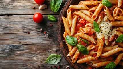 Poster - Pasta penne with roasted tomato sauce mozzarella cheese Top view Wooden background : Generative AI