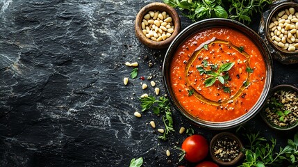 Poster - Tomato soup with fresh herbs and pine nuts in a bowl Grey stone background Top view : Generative AI