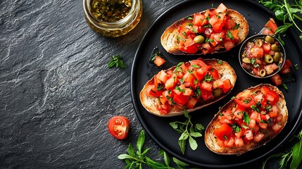 Poster - Bruschetta with tomatoes cheese and olive tapenade on black plates Grey slate background Top view Copy space : Generative AI