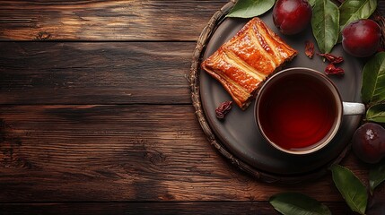 Poster - Plum galette with cup of tea Grey wooden background Close up : Generative AI