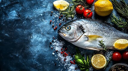 Poster - Raw Dorado fish with cooking ingredients Blue stone background Top view : Generative AI