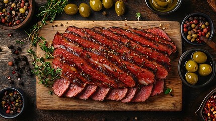 Poster - Roasted beef pastrami on wooden cutting board with olives Top view : Generative AI