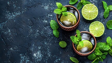 Poster - Moscow Mules cocktail with ginger beer vodka lime and mint Grey background Copy space : Generative AI