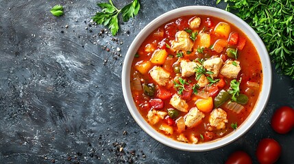 Poster - Chicken soup with vegetables in white bowl Grey background Top view : Generative AI
