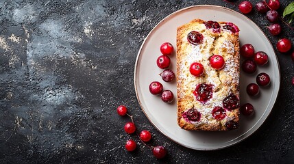 Poster - Cranberry loaf tea cake bread on white plate Grey background Close up Top view : Generative AI