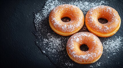 Poster - Donuts with sugar powder on slate board Flat lay composition Dark background Top view : Generative AI