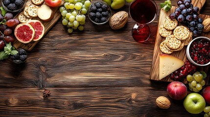 Poster - Cheese and fruits assortment on cutting board with red white wine on wooden background Copy space : Generative AI