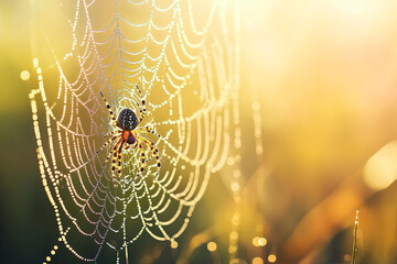 Wall Mural - Spider resting in the center of a dew-covered web