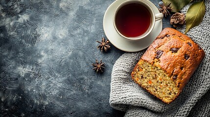 Poster - Banana carrot apple cake loaf with chocolate and cup of tea on grey textile background Top view : Generative AI