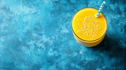 Poster - Mango juice smoothie on blue background Copy space Top view : Generative AI