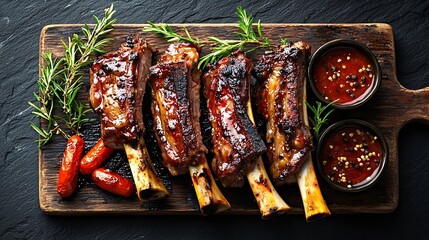 Poster - Lamb ribs grilled on cutting board with roasted vegetables Slate stone background : Generative AI