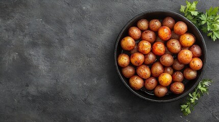 Poster - Roasted baby potatoes in iron skillet Dark grey background Copy space Top view : Generative AI