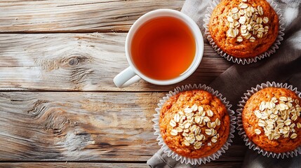 Poster - Carrot oat muffins cupcakes cakes with cup of tea Wooden background Close up Top view : Generative AI