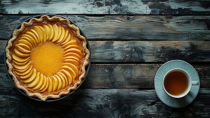 Poster - Pumpkin pie tart in a baking dish with cup of tea Grey wooden background Top view : Generative AI