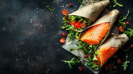 Poster - Wrap sandwich roll with fish salmon and vegetables Dark background Copy space Top view : Generative AI