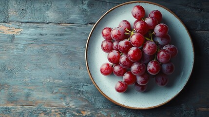 Poster - Grape on a white plate Grey wooden background Top view Copy space : Generative AI