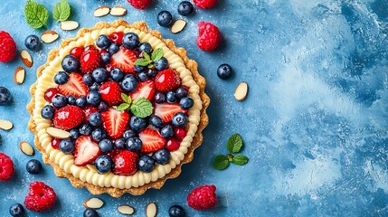 Poster - Almond and berry cake Bakewell tart Traditional British pastry Top view Copy space Blue background : Generative AI