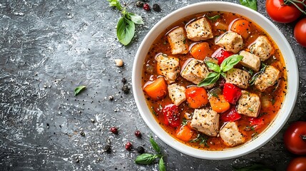 Poster - Chicken soup with vegetables in white bowl Grey stone background Copy space : Generative AI
