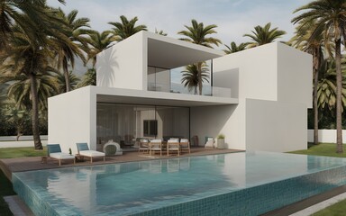 a photo of Exterior of amazing modern minimalist cubic villa with large swimming pool among palm trees. 