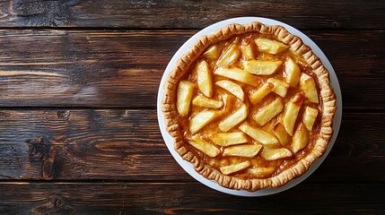 Poster - Meat pie with french fries on a white plate Wooden background Top view : Generative AI