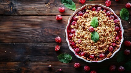 Poster - Berry crumble crisp in baking dish Wooden background Top view : Generative AI